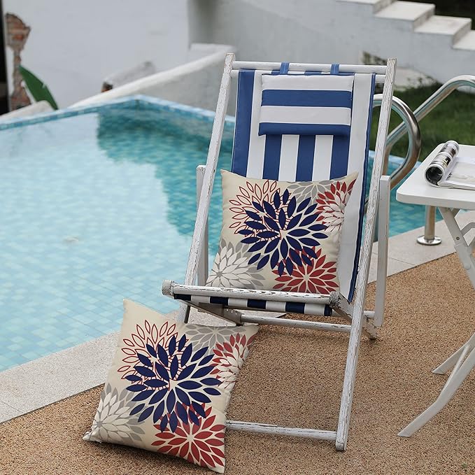 DFXSZ 4th of July Pillow Covers 16x16 Inch Set of 2 Patriotic Blue Red Floral Outdoor Waterproof Decorative Throw Pillows Polyester Pillow Covers Decor for Patio Funiture Garden Couch 002H16
