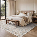 Bavni Washable Rugs 8x10-Machine Washable Rug Lightweight Low Pile, Vintage Floral Rug Non-Shedding Distressed Throw Carpet for Living Room Bedroom Office, Beige Gery