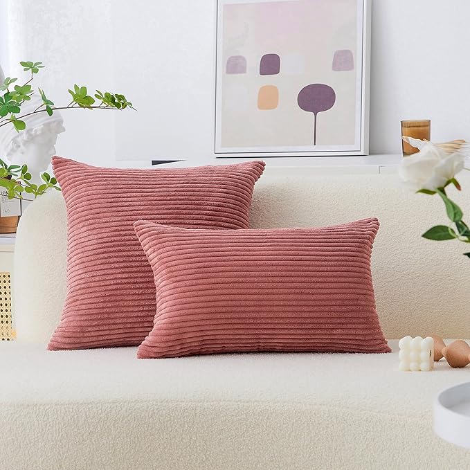 Home Brilliant 26x26 Pillow Covers Euro Shams Cover Large Solid Striped Corduroy Euro Throw Pillow Cushion Cover Sham for Patio, 26 x 26 inch, Dry Rose Pink