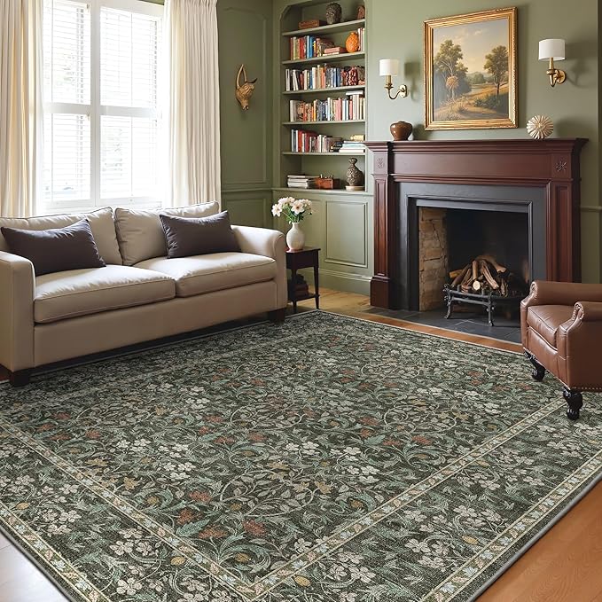 GENIMO 8x10 Washable Area Rug, Non-Slip Vintage Boho Floral Carpet, Soft Low-Pile Thin Living Room Rug for Bedroom, Dining Room, Nursery, Black