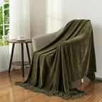 Chenille Throw Blanket for Couch with Tassels,60"X80" Soft Cozy Lightweight Knitted Boho Decorative Blankets for Bed and Sofa,Olive Green