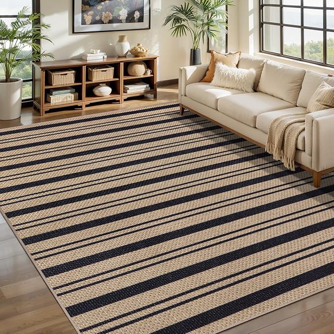 Tangsoo Stripe Easy Jute Rug 5x7 Large Washable Area Rugs for Living Room,Non-Slip Thin Indoor Outdoor Rug,Farmhouse Natural Throw Mat for Dining Room Table Backyard Patio Home Office Decor