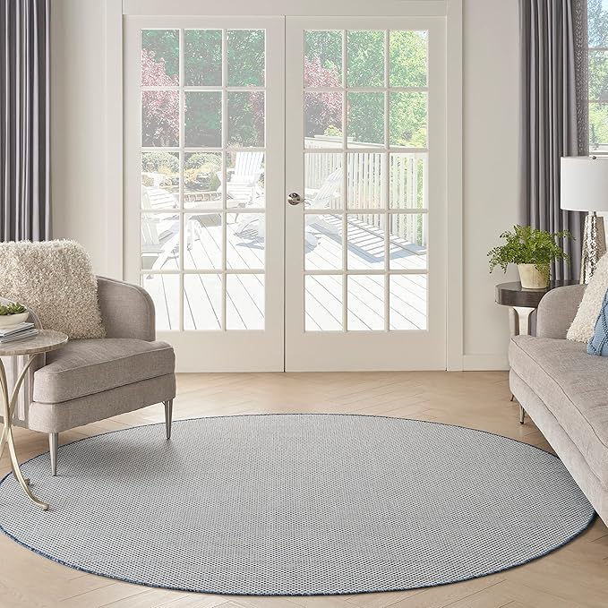 Nourison Home Courtyard Ivory Blue 8' x Round Area Rug - Easy Clean, Non Shedding, Bed Room, Living Room, Dining Room, Kitchen (8' x Round)