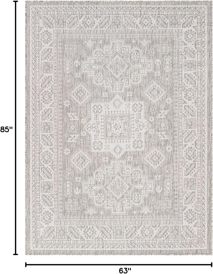 Rugs.com Outdoor Aztec Collection Rug – 5x7 Light Gray Flatweave-Pile Rug Perfect for Living Rooms, Large Dining Rooms, Open Floorplans