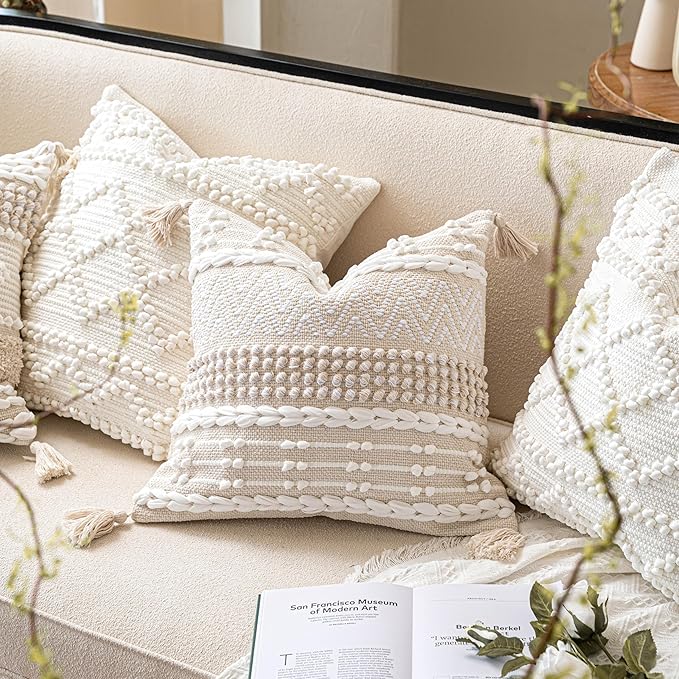 BlissBlush Boho Throw Pillow Cover 22X22, Large Decorative Accent Pillow for Couch, Square Woven Textured Pillowcase, Modern Boho Pillow for Bed, Bohemian Pillow Cover, Cream White (Pack of 1)