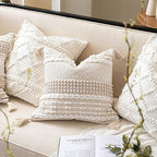 BlissBlush Boho Throw Pillow Cover 20X20, Decorative Accent Pillow for Couch, Square Woven Textured Pillowcase, Modern Boho Pillow for Bed, Bohemian Pillow Cover, Cream White Neutral (Pack of 1)