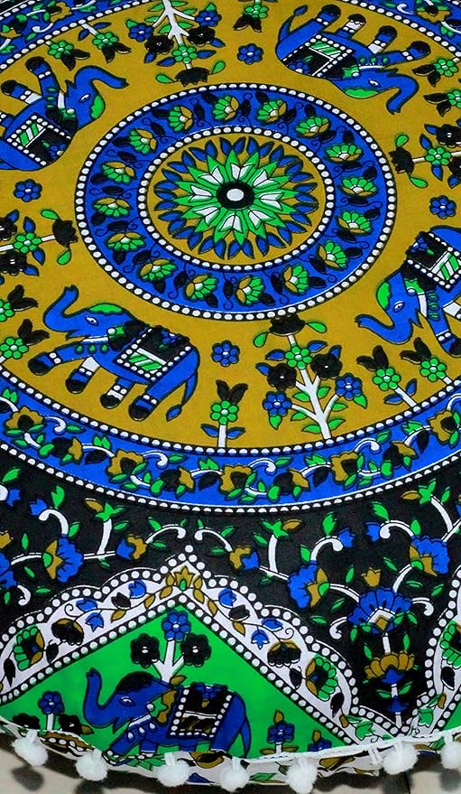 Round Mandala Floor Pillow Cover Seating Cushion Throw Cover Ottoman Pouf Cover Pom Pom Pillow Cases Hippie Decorative Bohemian Boho Indian 22 Inches (Green Blue)
