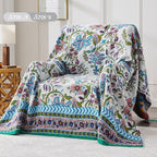 Boho Blanket Soft Muslin BohoThrow Blanket, 100% Cotton Floral Printed Farmhouse Decor All Season Reversible Rustic Throw for Sofa Couch Chair (White, 90"x98")