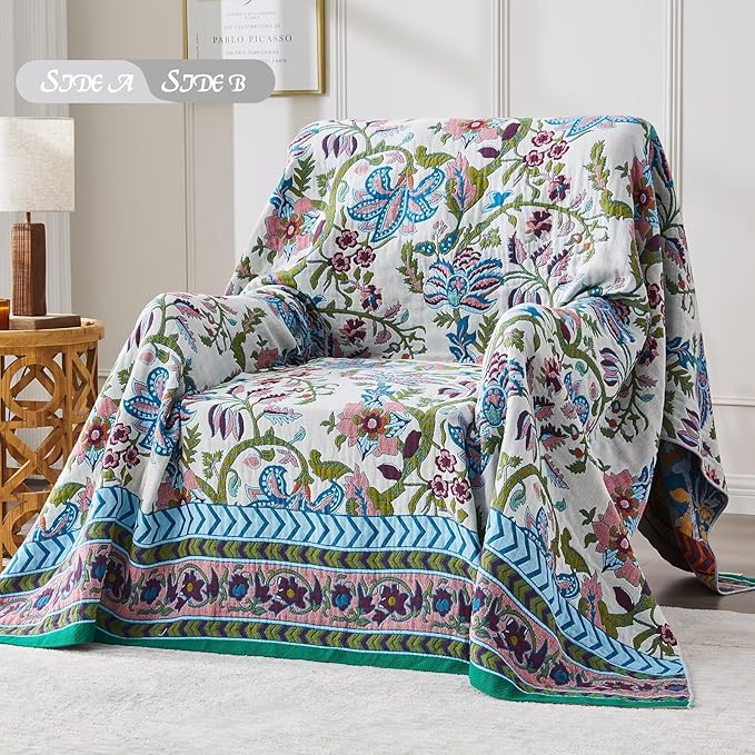 Boho Blanket Soft Muslin BohoThrow Blanket, 100% Cotton Floral Printed Farmhouse Decor All Season Reversible Rustic Throw for Sofa Couch Chair (White, 60"x80")