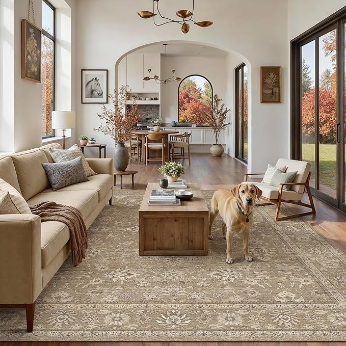 6x9 Area Rug Brown Washable Vintage Carpet Living Room Bedroom Large Non Slip Stain Soft Resistant Low Pile Thin Boho Accent Indoor Throw Rug for Dining Room Office