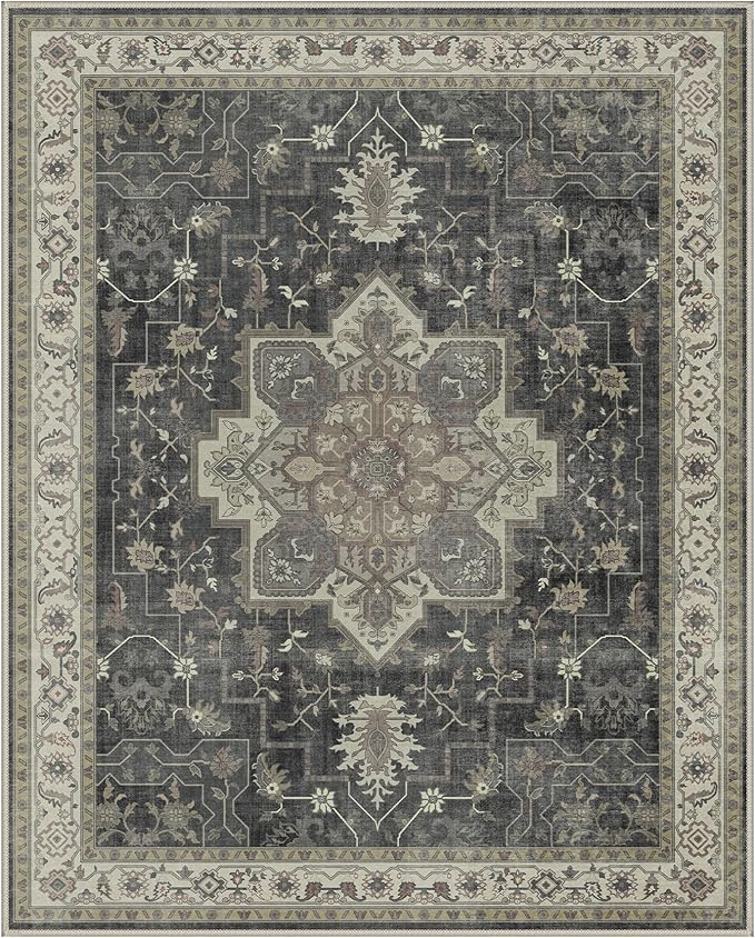 GENIMO 5x7 Area Rugs for Living Room, Machine Washable Rug, Non Slip Indoor Vintage Rug, Low Pile Lightweight Chenille Print Carpet for Bedroom Dining Room Home Office, Muted Charcoal Beige