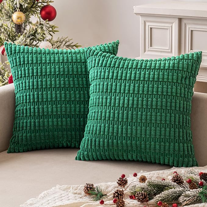 MIULEE Pack of 2 Green Corduroy Decorative Pillow Covers 20x20 Inch Soft Boho Striped Throw Pillow Covers Modern Farmhouse Home Decor for Sofa Living Room Couch Bed