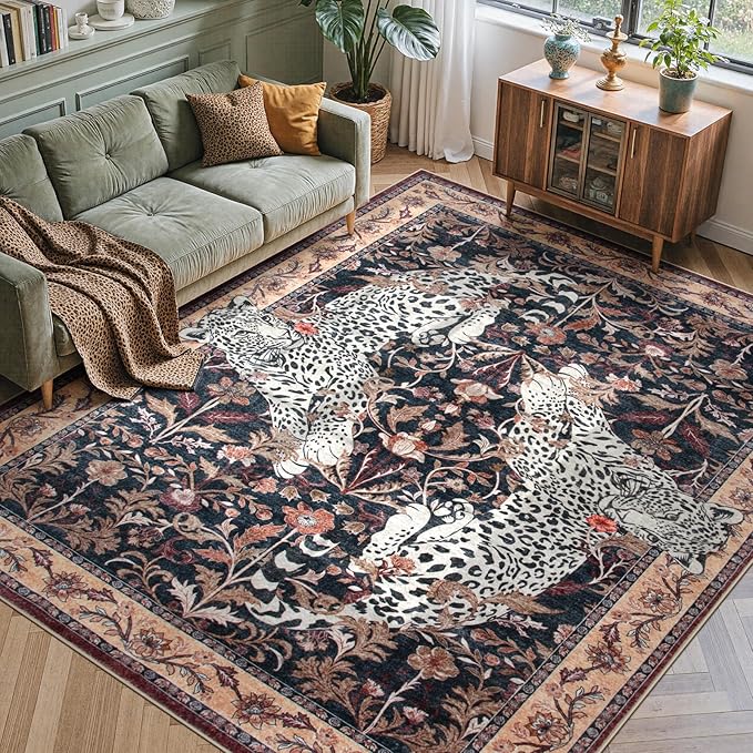 Moynesa Leopard Washable Area Rugs 8x10, Large Boho Rugs for Living Room, Vintage Non Slip Dining Room Rugs for Under Table, Ultra Thin Soft Floor Carpet for Office Bedroom, Puce Red