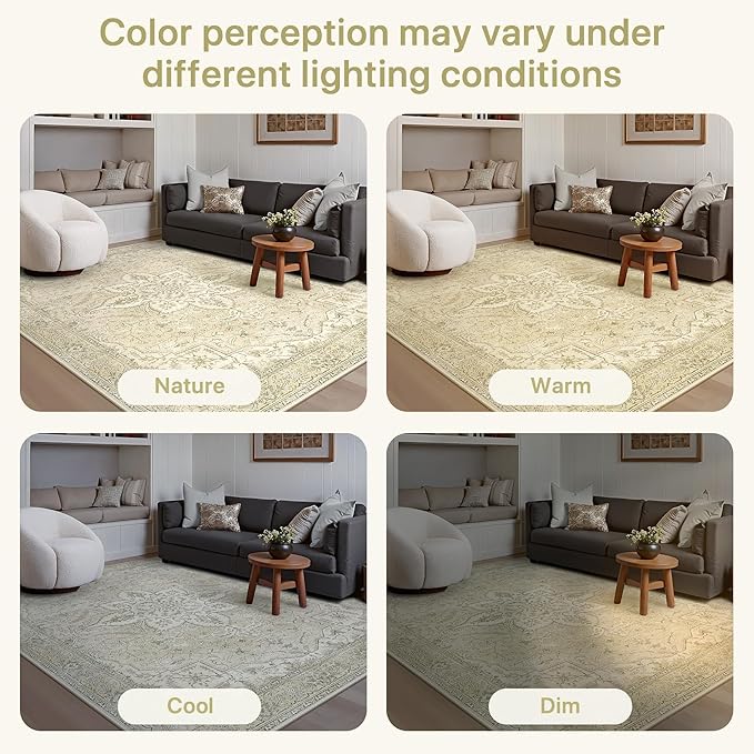 GENIMO 5X7 Washable Vintage Area Rugs for Living Room, Non-Slip Low Pile Chenille Print Rug, Soft Rugs for Bedroom Dining Room Home Office, Linen & Taupe