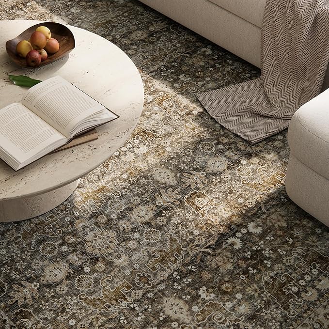 6x9 Washable Rug Vintage Fade Resistant Boho Distressed Non-Slip Indoor Large Carpet Low Pile Lightweight & High-Traffic Safe for Bedroom, Dorm, Playroom - Farmhouse Decor