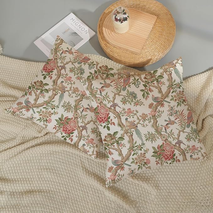 Chinoiserie Pillow Covers 22x22 Set of 2 Pink Green Bird Floral Throw Pillows Vintage Pink Flower Bird Decorative Pillow Cases Outdoor Chinoiserie Decor Farmhouse Cushion Case for Couch Sofa