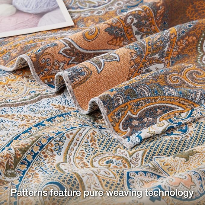 100% Cotton Boho Throw Blanket for Home Decor – Classic Farmhouse Quilt Bedding, Muslin Blankets for Adults, Vintage Woven Decorative Blanket for Couch, Bed Layering Use, Paisley Pattern, 50"x60"