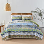 Boho Style King Quilt Set Green Bohemian Floral Strip Quilt Beddding Set, Soft and Lightweight Bedspread for All Season, Oversize King Bed Coverlet with 2 Matching Pillow Shams (3 Pieces)
