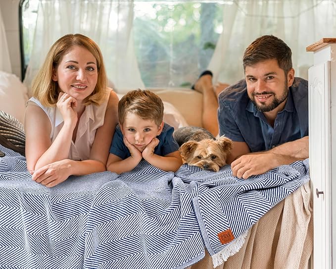 Gold Case Throw Blanket for Bed - 100% Recycled Turkish Cotton Blanket - Vintage Lightweight Soft Throw Blankets for Bed & Living Room - Queen Size Cozy Blankets - 90x90 - Navy Blue