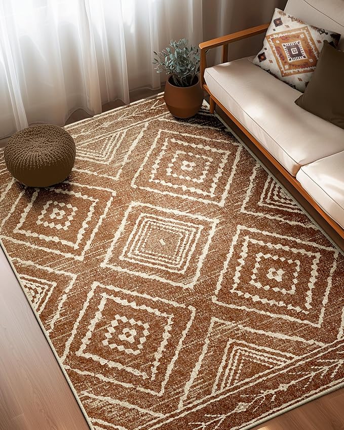 Area Rug 5x8 Rug Machine Washable Non-Slip Low Pile Print Pattern Western Rug for Living Room Bedroom Entryway Tribal Series-Yellowbrown/Cream