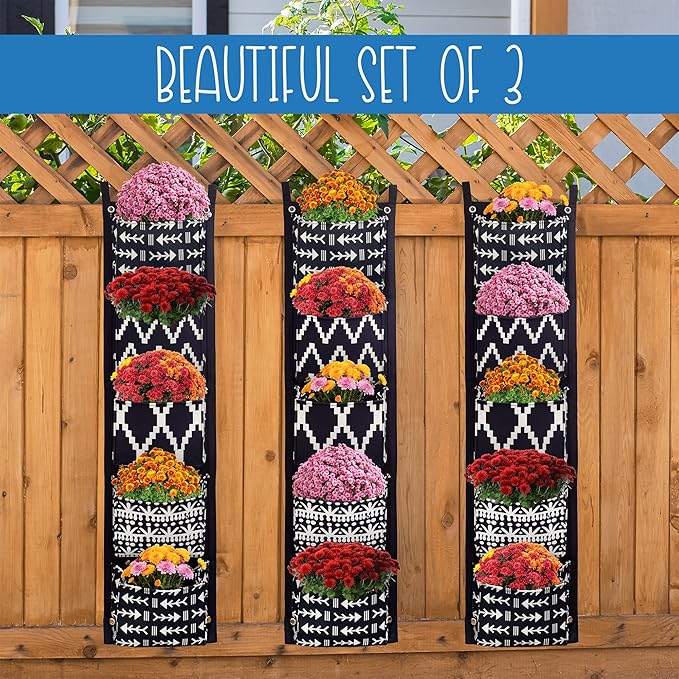 Boho Fabric Hanging Planter (3 Sets of 5 Pockets); Vertical Hanging Herb/Flower Planter