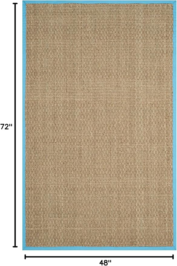 SAFAVIEH Area Rug 4x6 - Natural Fiber Collection - Natural & Turquoise, Seagrass, Basketweave Pattern with Border (NF114S)