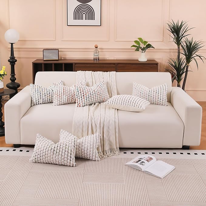 Boho Lumbar Pillow Cover 12x20 Inch Pack of 1 Farmhouse Rectangle Decorative Couch Throw Pillow Cover Grey Chenille Tufted Striped Pillowcase for Living Room Sofa Bed