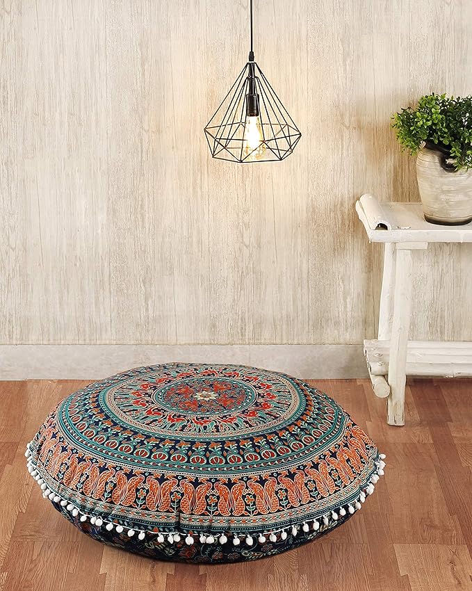Popular Handicrafts Floor Pillow Cushion Cover - Hippie Elephant Mandala Cushion Cover Large Cotton - Pouf Cover Round Bohemian Yoga Decor, 32" Blue Multicolor