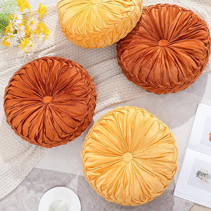 Round Throw Pillows Decorative Pleated Throw Pillows 15'' Diameter Accent Pumpkin Boho Chair Cushion for Couch Sofa Home Decoration(Burnt Orange, Yellow,4 Pcs)