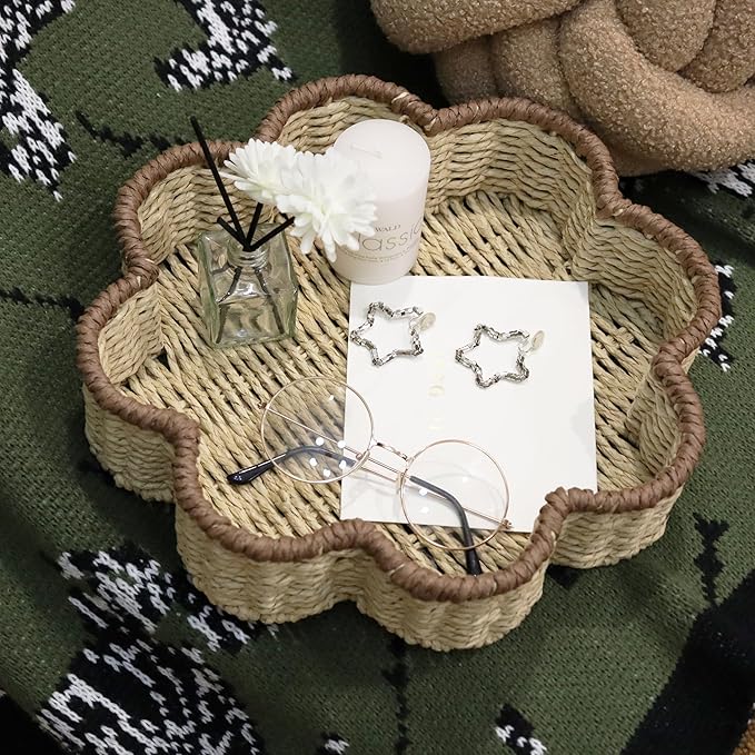 GYASVWU Paper Rope Scalloped Tray, Wicker Trays for Decor, Shallow Baskets for Storage, Rattan Tray for Coffee Table/Living Room/Bedroom Organization (Beige+Brown)