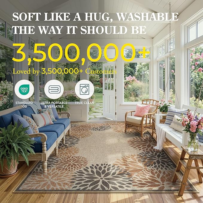 LIVEBOX Modern Easy Jute 5x7 Outdoor Rug, Washable Area Rugs for Living Room Patio Floral Indoor Outdoor Rug, Boho Farmhouse Non Slip Carpet for Backyard Foyer Dining Room(Beige, 5'x7')