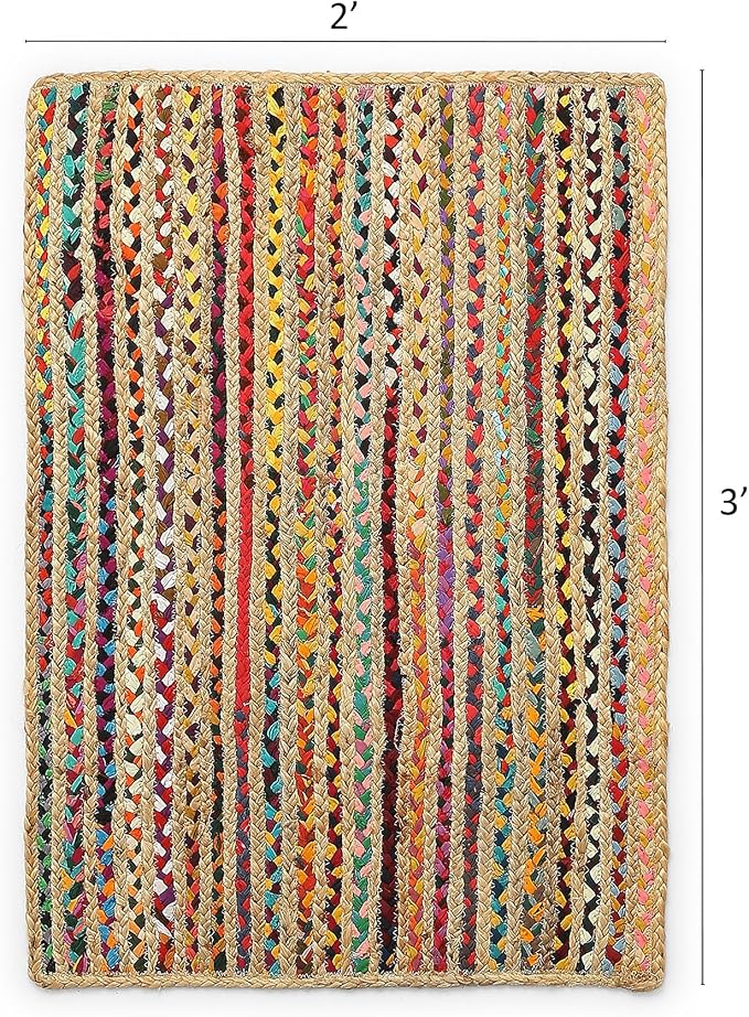· REDEARTH · Jute Cotton Chindi Area Rug - 2'x3' Rectangular Rug, Handwoven, Non-Shedding, Soft & Durable – Multi Tones for Home Décor in Living Room, Dining Room, Bedroom