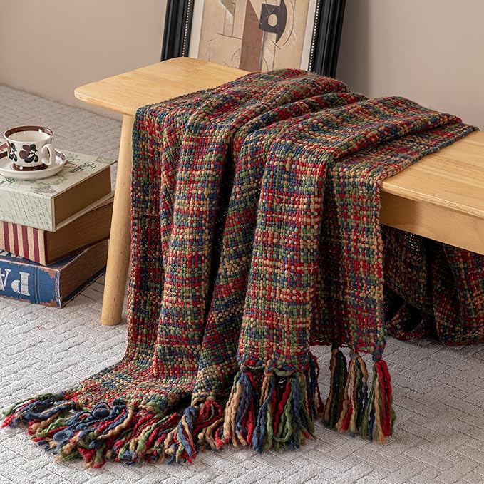 Soft Neon Color Knit Throw Blanket with Tassels, Cozy Boho Home Decro Throw for Sofa Couch Chair Bed, 50X60 Inch, Machine Washable, Red Color Scheme
