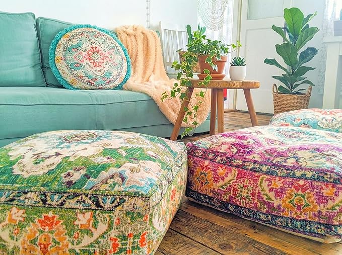 Mandala Life ART Moroccan Pouf Ottoman Cover Green Square Meditation Pillow Case Boho Room Décor Moroccan Seating Area Perfect for Living Room, Bedroom, Nursary or Children Room Cotton 24x8 Unstuffed