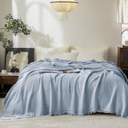 FOSSA Muslin Blanket with Fringe - 4-Layer 100% Cotton Gauze Super Soft & Breathable Throw -Lightweight Decorative Cooling Blanket for Bed, Sofa, Office (Cornflower Blue, King (104" × 90"))