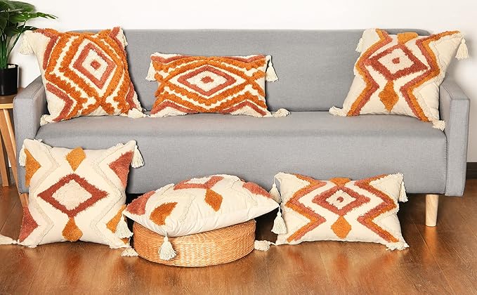 Merrycolor Boho Lumbar Throw Pillow Cover 12x20 inch,Bohemian Tufted Decorative Pillow Covers with Tassels for Couch Sofa Bedroom Living Room