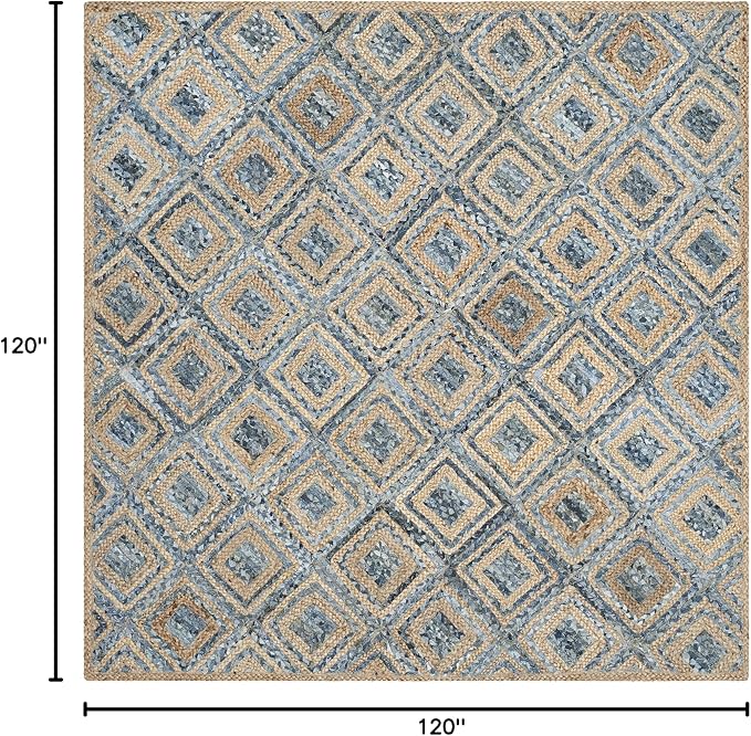 SAFAVIEH Cape Cod Collection Area Rug - 10' Square, Natural & Blue, Handmade Flat Weave Diamond Braided Jute & Denim, Ideal for High Traffic Areas in Living Room, Bedroom (CAP354A)