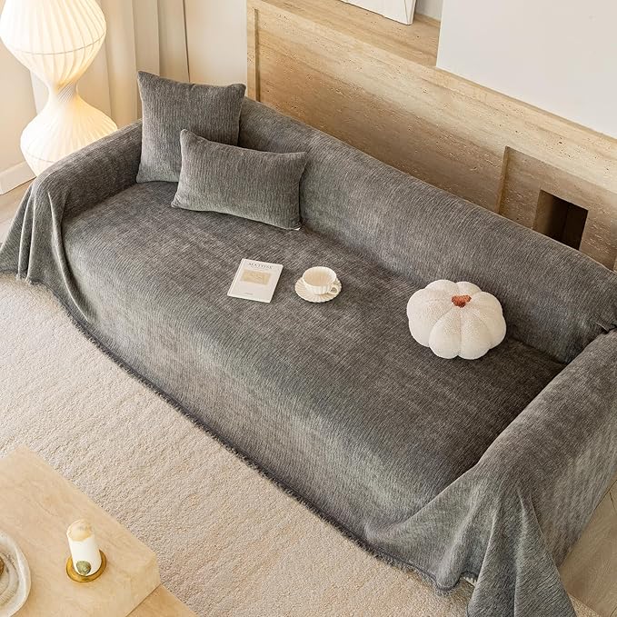 ROOMLIFE Sofa Cover, Boho Couch Cover for 3 Cushion Sofa, Non Slip Chenille Sofa Slipcovers for Dog, Washable Furniture Sofa Protector Cover with Tassel for Living Room, 71''X150”