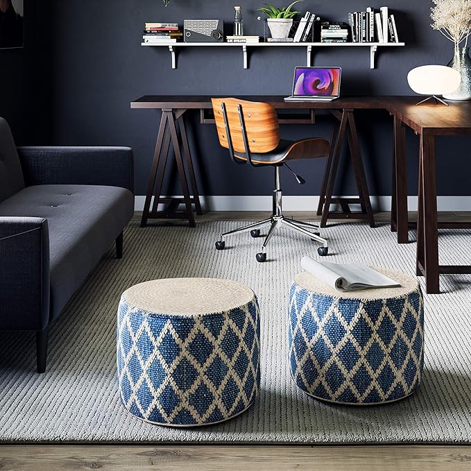 SIMPLIHOME Edgeley Round Pouf - 18 inch Wide Handwoven Jute and Cotton Ottoman in Classic Blue and Natural, Boho-Style Footstool or Extra Seating for Living Room, Bedroom, or Kids Room, Assembled