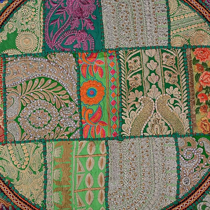 Indian Handmade Patchwork Codework Green Round Pouf Cover Ottoman Floor Pillow Cushion Seating Throw Decorative Pom Pom Pillow Cases Boho 32 Inches