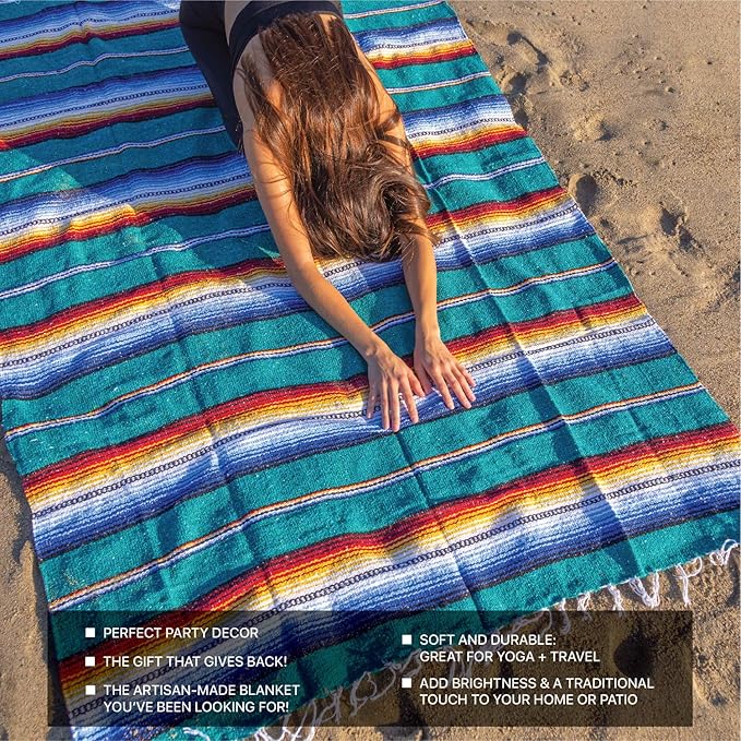 Benevolence LA Mexican Blanket, Authentic Handwoven Yoga Blanket & Outdoor Blanket, Made by Traditional Mexican Artisans, Saddle Blanket, Beach Blanket, Picnic Blanket, & Car Blanket 75 x 52 - Agua