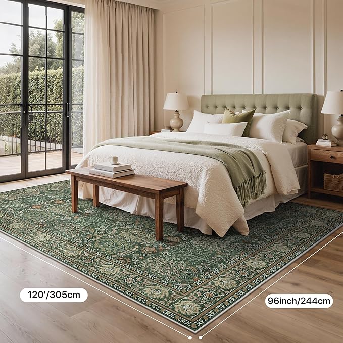 Bavni Washable Rugs 8x10-Machine Washable Rug Lightweight Low Pile, Vintage Floral Rug Non-Shedding Distressed Throw Carpet for Living Room Bedroom Office, Forest Green