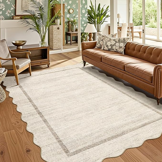 GarveeHome Scalloped Washable Rug 10x13 Area Rug for Bedroom Farmhouse Living Room Rug Non Slip Large Area Rug Low Pile Throw Rugs Stain Resistant Carpet for Dining Room Beige 10 ft x13 ft