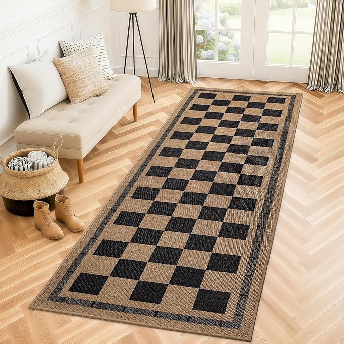 Vasofe 2x6 Runner Rug for Hallway, Washable Checkered Jute Rugs, Outdoor Indoor Patio Porch Balcony Bedroom Kitchen Laundry Geometric Mat, Non Slip Plaid Farmhouse Design Carpet, Black and Brown