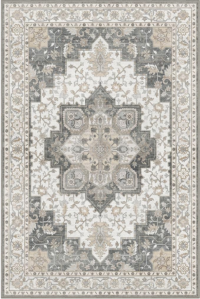 GENIMO 10x14 Area Rugs for Living Room, Machine Washable Non Slip Vintage Rugs, Low Pile Lightweight Chenille Print Rug for Bedroom, Dining Room, Home Office, Heathered Grey