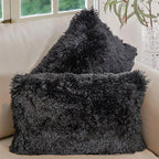 Cheer Collection Throw Pillows for Couch and Bed, Soft Shaggy Throw Pillows with Inserts Included, Cozy Long Hair Faux Fur Pillows - Set of 2-12" x 20" - Black