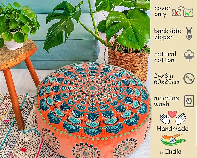 Orange Round Velvet Pouf Cover - Soft Embroidered Ottoman Slipcover with Moroccan Design, 24 Inch Diameter, Ideal for Living Room, Bedroom, or Meditation Space - Decorative Floow Pillow Cushion