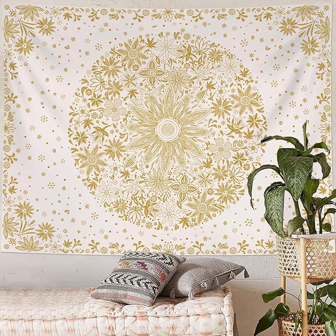 Neasow Bohemian Tapestry Wall Hanging, Yellow Floral Tapestry with Dotted Daisy Medallion Print Bedroom Boho Hippie Home Decor, 36x48 inches