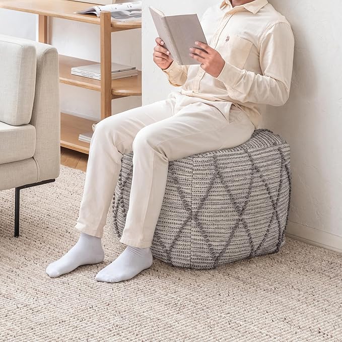Anji Mountain Pouf Ottoman Foot Rest, Handmade Ottoman Pouf, Comfortable Foot Stool, Decorative Floor Seating for Living Room Decor, Bedroom & Home Décor Accent - Warm Gray