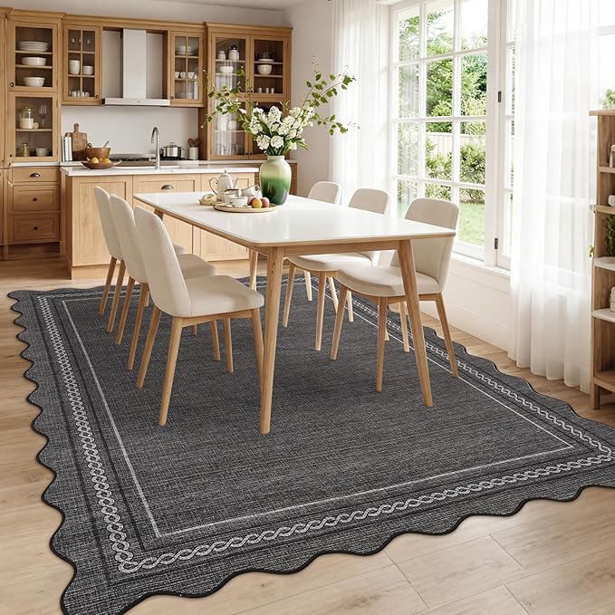 GarveeHome Scalloped Washable 6x9 Rug for Living Room Non Slip Soft Bedroom Rugs Black Low Pile Throw Rugs Stain Resistant Carpet for Nursery Dining Room Playroom Classroom, Black